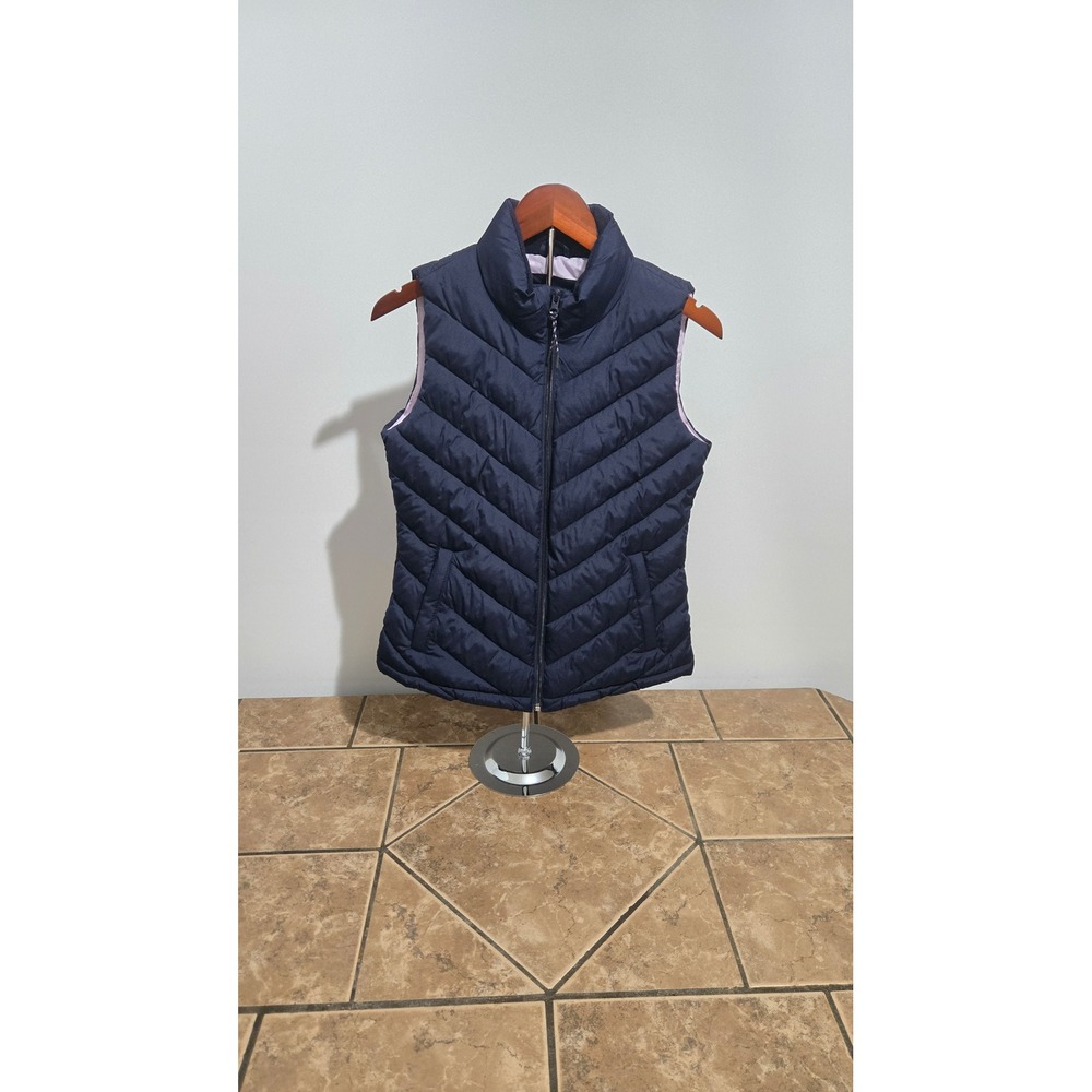 Gap Navy Blue Chevron Quilted Puffer Vest Lavender Lining Small